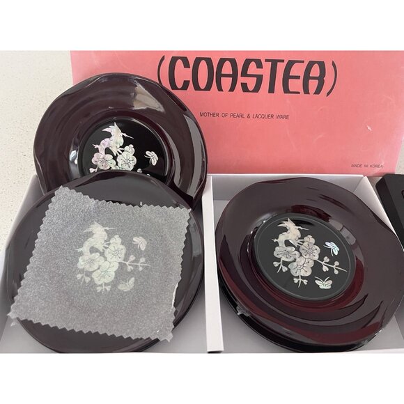 Vintage Set of 6 Asian Lacquer & Mother of Pearl in-lay cup covers coasters dish - Picture 7 of 7